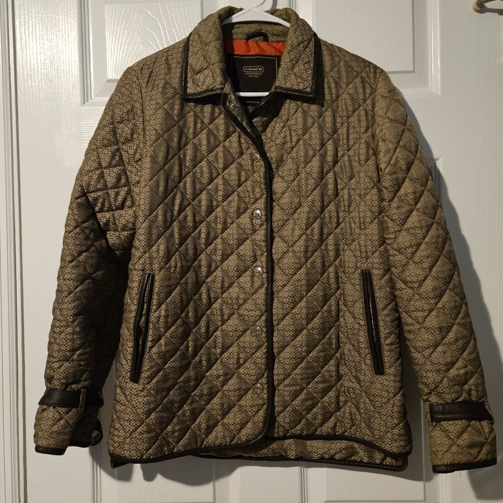 Coach Small Quilted Jacket, brown women's monogram C's with leather trim & snaps